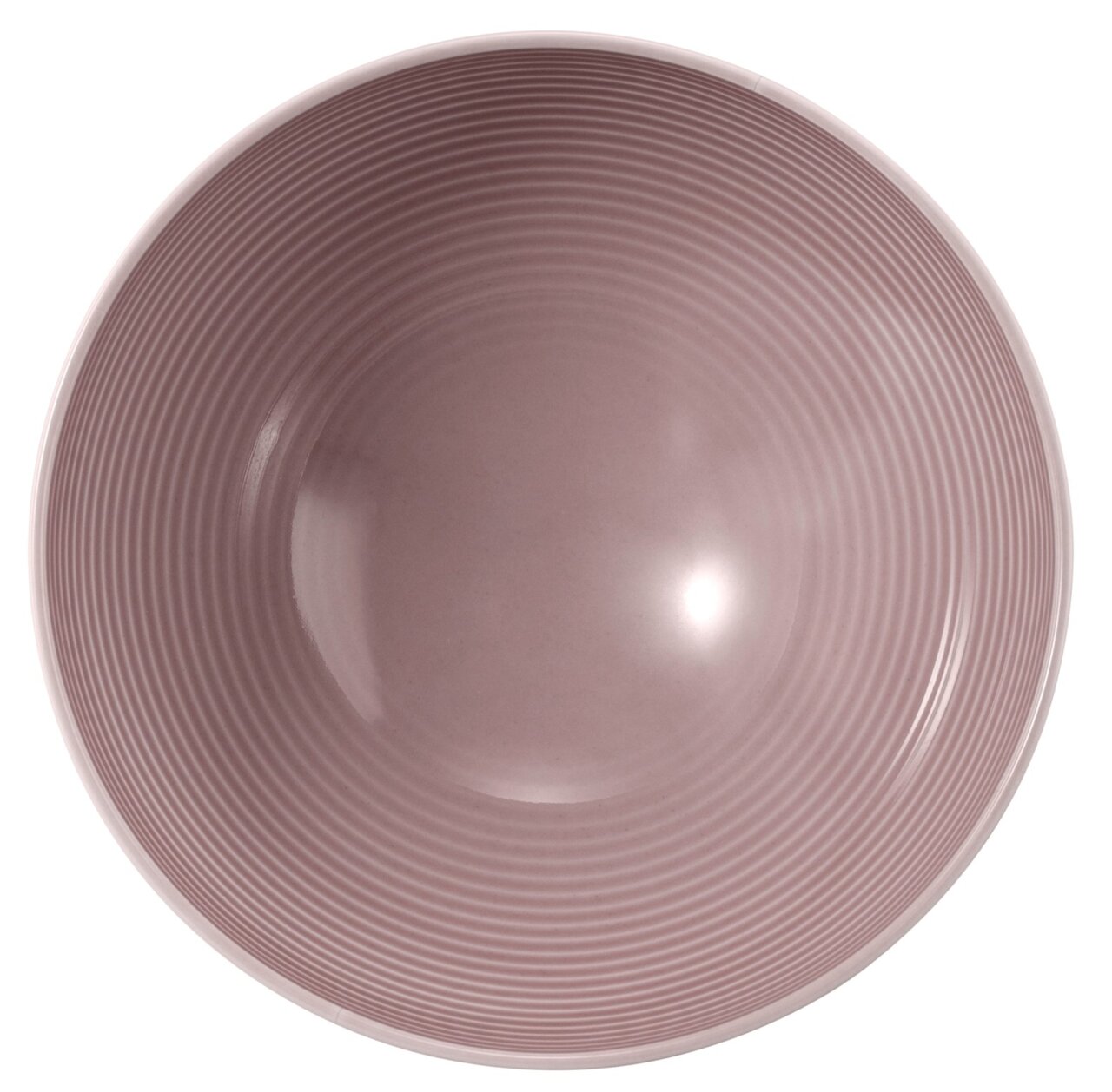 Ronde schaal met een diameter van 15,5 cm, van bovenaf gefotografeerd, in een zachtroze kleur met fijne concentrische cirkels.