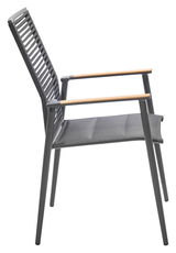 Moderner Sessel mit Metallrahmen und Holzarmlehnen, seitliche Perspektive