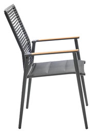 Moderner Sessel mit Metallrahmen und Holzarmlehnen, seitliche Perspektive