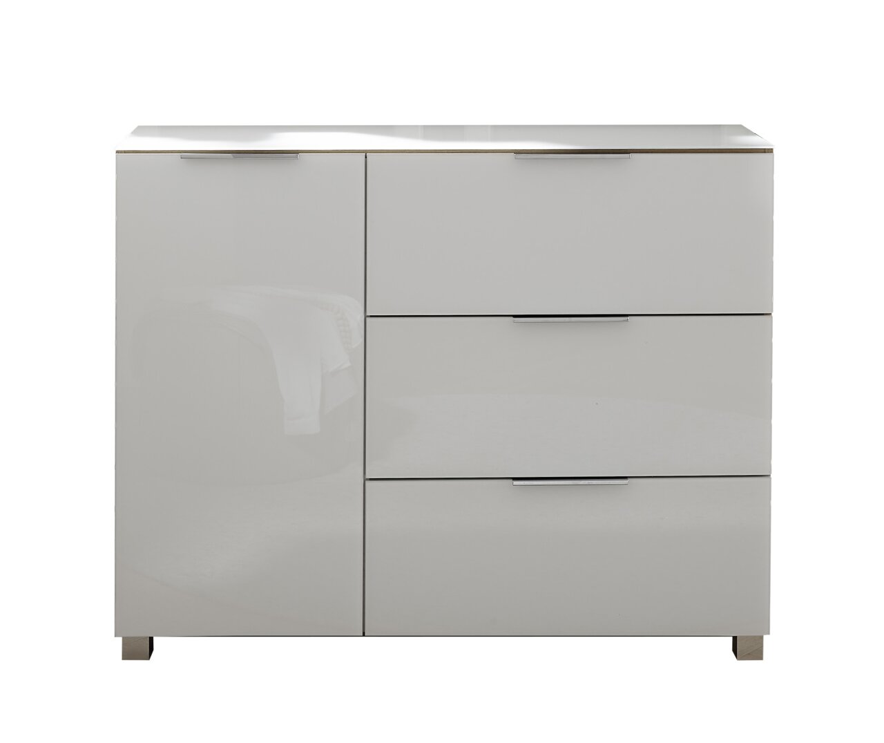 Moderne weiße Kommode mit drei Schubladen und einer Tür, frontale Ansicht