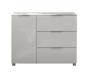 Moderne weiße Kommode mit drei Schubladen und einer Tür, frontale Ansicht