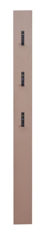 Schmale, vertikale Wandpaneel-/Leistenplatte in Taupe mit drei schwarzen Montagehaltern, Frontalansicht