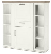 Weißes Highboard mit Karussell, zwei offenen Regalen an den Seiten und zwei Türen in der Mitte, Frontalansicht
