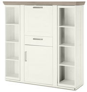Weißes Highboard mit Karussell, zwei offenen Regalen an den Seiten und zwei Türen in der Mitte, Frontalansicht