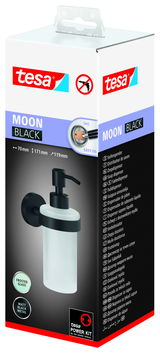Seifenspender tesa MOON BLACK aus mattschwarzem Metall und satiniertem Glas, seitliche Perspektive