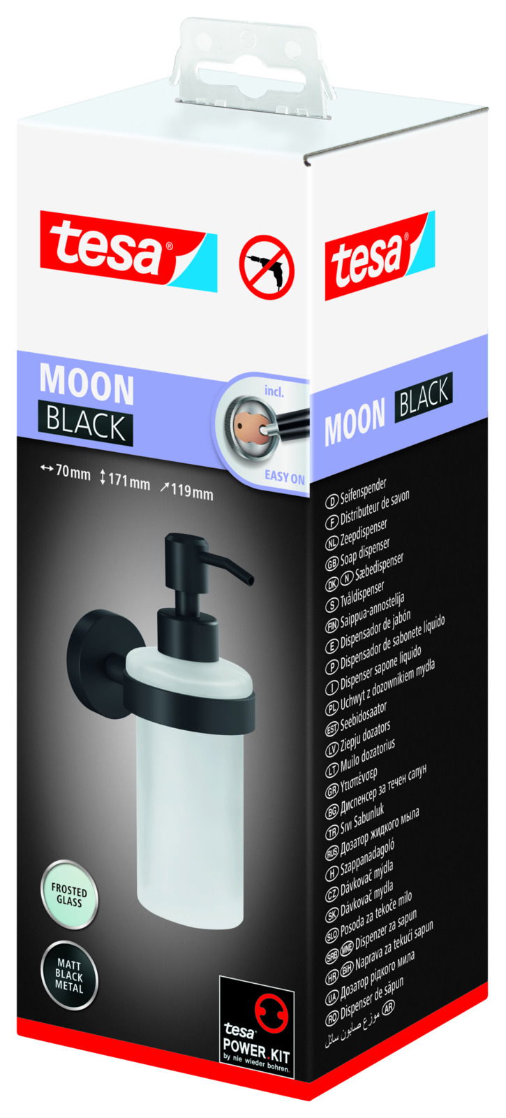 Seifenspender tesa MOON BLACK aus mattschwarzem Metall und satiniertem Glas, seitliche Perspektive