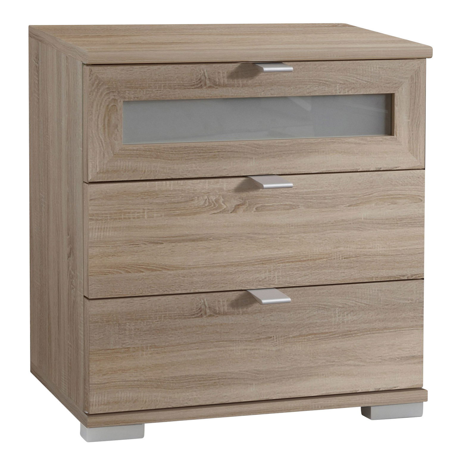 Nachtkonsole aus Holz mit drei Schubladen, davon eine mit Glaseinsatz, in frontaler Perspektive