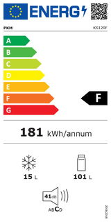 Energieeffizienzlabel für PKM Kühlschrank Modell KS120F, Energieklasse F, jährlicher Energieverbrauch 181 kWh, Gefrierfachvolumen 15 Liter, Kühlfachvolumen 101 Liter, Geräuschpegel 41 dB, Frontalansicht.