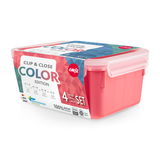Frontalansicht eines 4-teiligen Frischhaltedosen-Sets in der Farbe Koral, Clip & Close Color Edition, BPA-frei und 100% dicht.