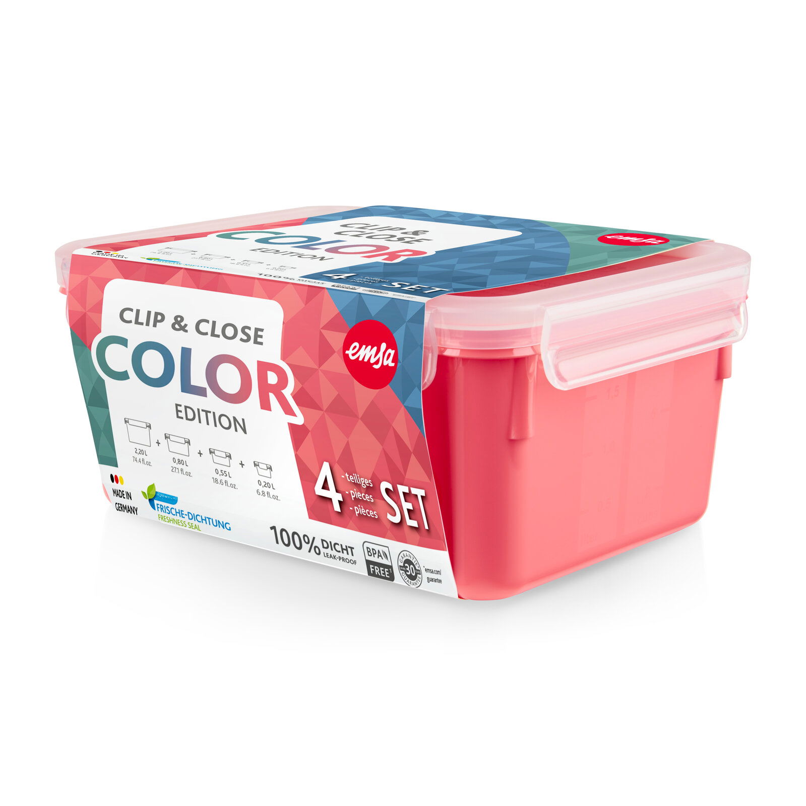 Frontalansicht eines 4-teiligen Frischhaltedosen-Sets in der Farbe Koral, Clip & Close Color Edition, BPA-frei und 100% dicht.