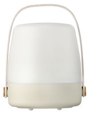 Frontansicht einer tragbaren Lampe mit weißem, abgerundetem Design und einem Tragegriff.