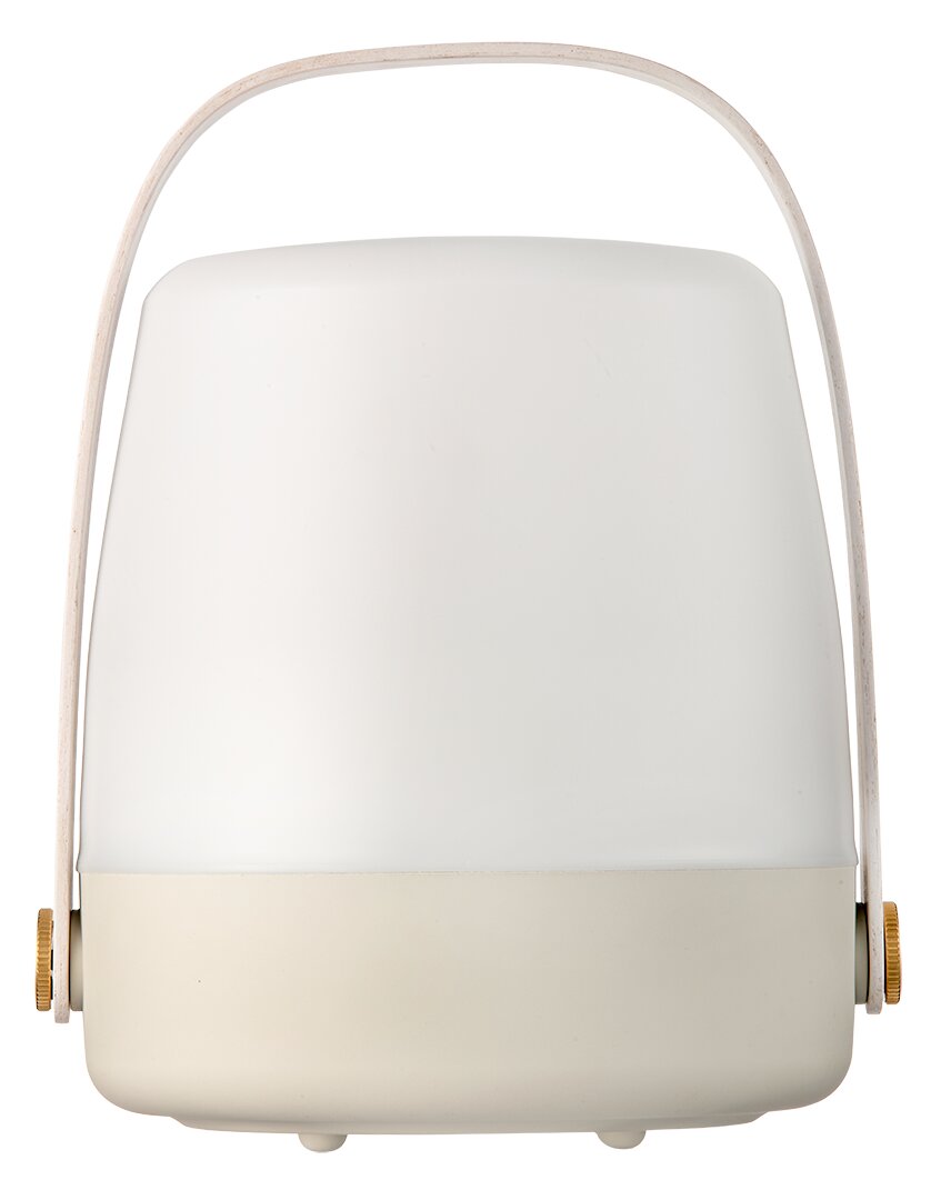 Frontansicht einer tragbaren Lampe mit weißem, abgerundetem Design und einem Tragegriff.
