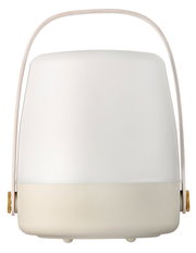 Frontansicht einer tragbaren Lampe mit weißem, abgerundetem Design und einem Tragegriff.