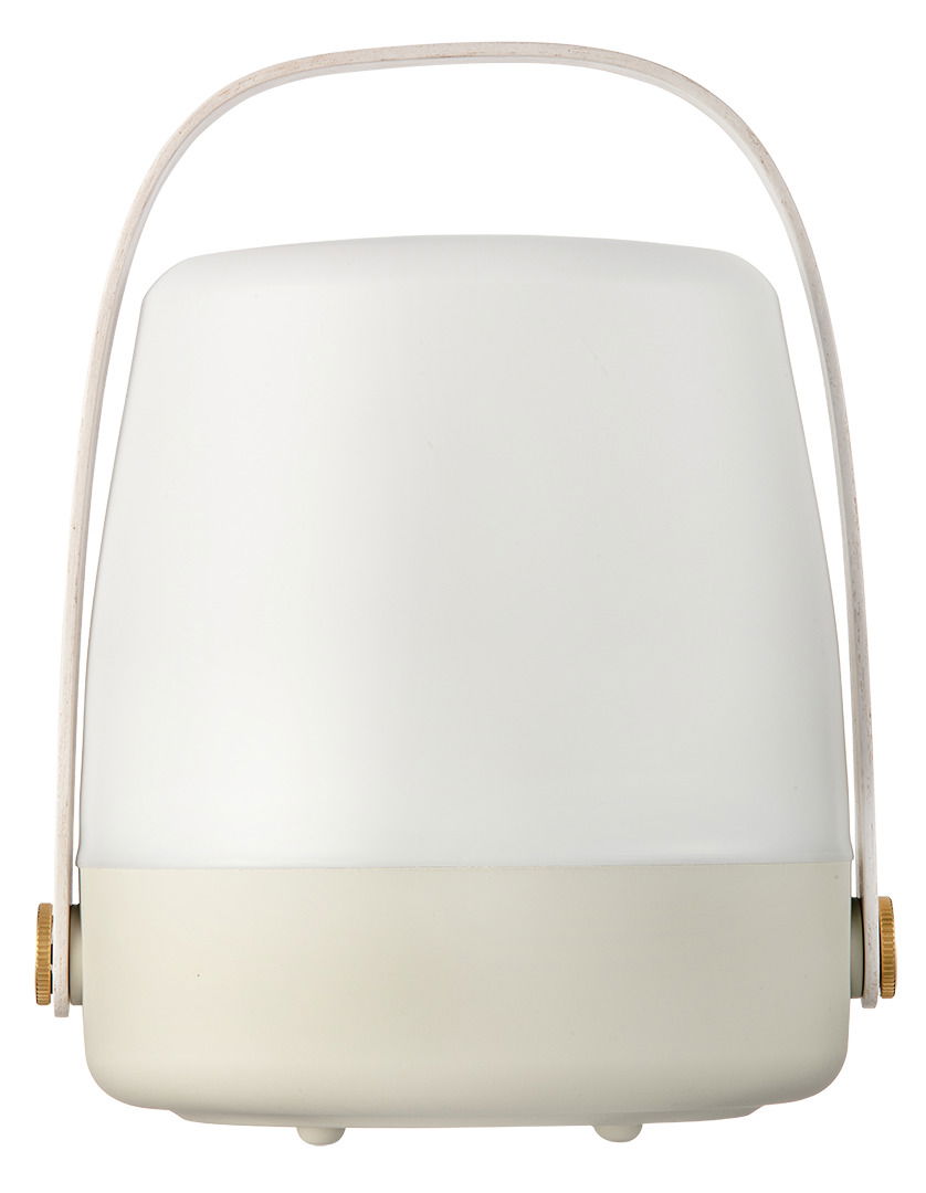 Frontansicht einer tragbaren Lampe mit weißem, abgerundetem Design und einem Tragegriff.
