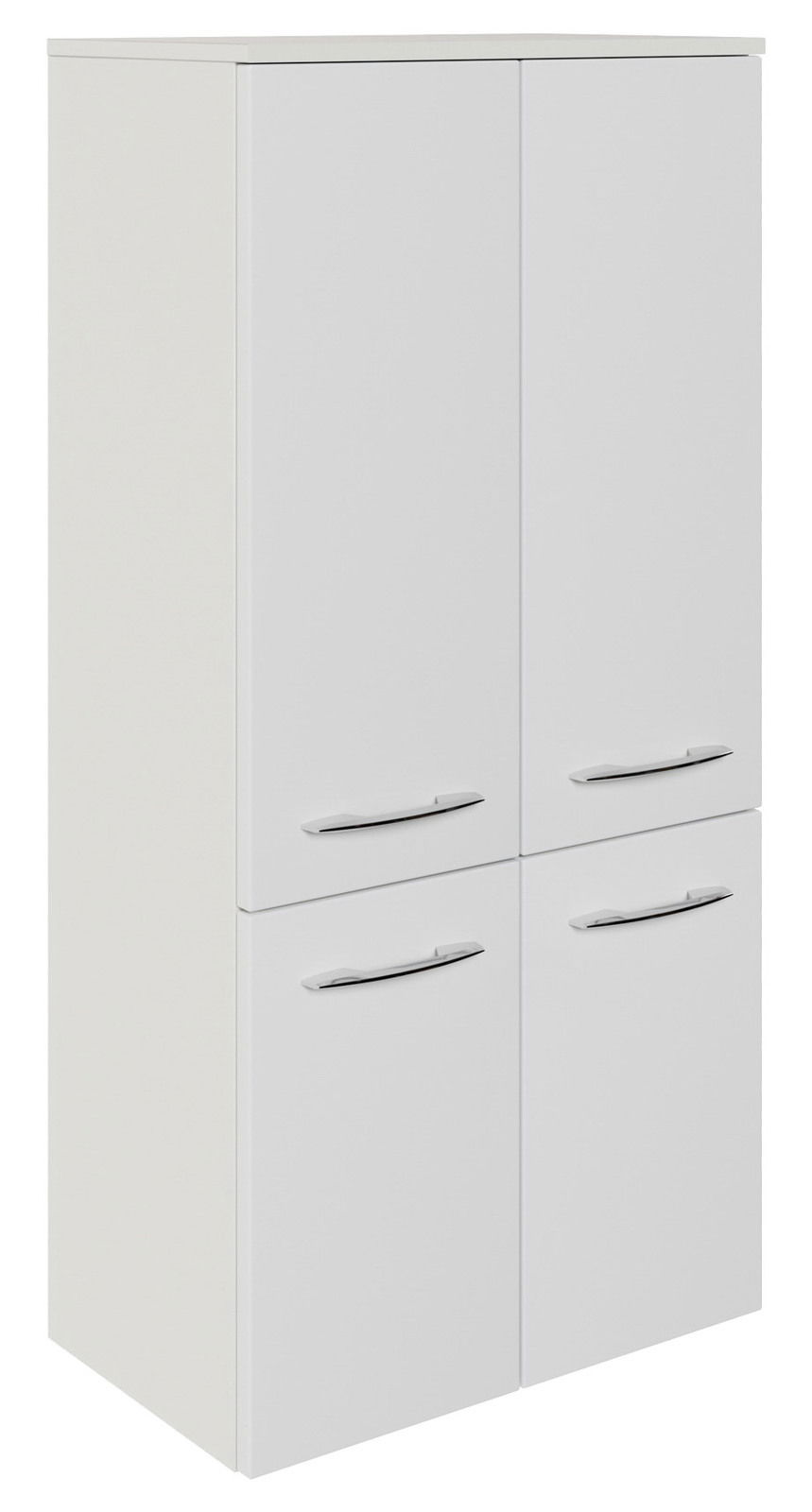 Sadena Midischrank PLAKA Weißer Midischrank mit vier Türen und silbernen Griffen, seitliche Perspektive