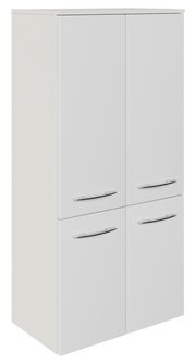 Weißer Midischrank mit vier Türen und silbernen Griffen, seitliche Perspektive