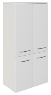 Weißer Midischrank mit vier Türen und silbernen Griffen, seitliche Perspektive