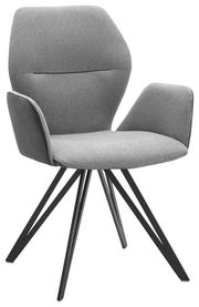 Grauer Armlehnenstuhl mit modernem Design, schräg von vorne fotografiert