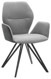 Grauer Armlehnenstuhl mit modernem Design, schräg von vorne fotografiert