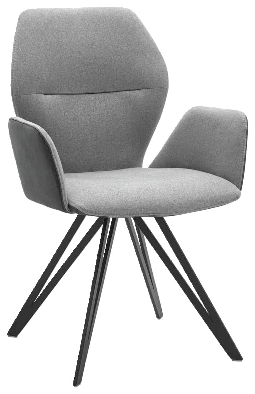 Grauer Armlehnenstuhl mit modernem Design, schräg von vorne fotografiert