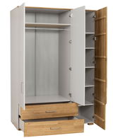 Offener Kleiderschrank mit zwei Schubladen, Kleiderstange und mehreren Regalfächern, Perspektive von vorne