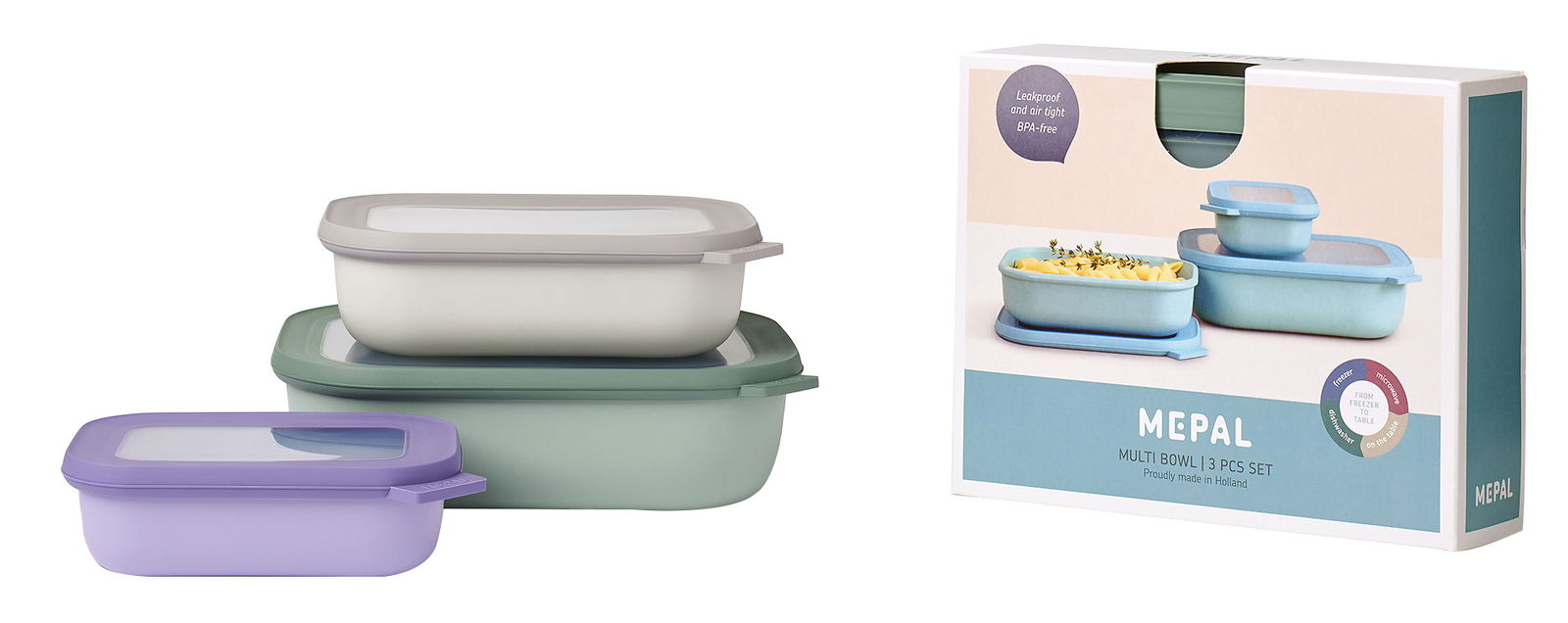 Mepal Vorratsdosen-Set 3-tlg. CIRQULA Dreiteiliges rechteckiges Set von Mepal in verschiedenen Farben, bestehend aus stapelbaren flachen Behältern mit transparenten Deckeln. Perspektive von vorne und leicht seitlich.