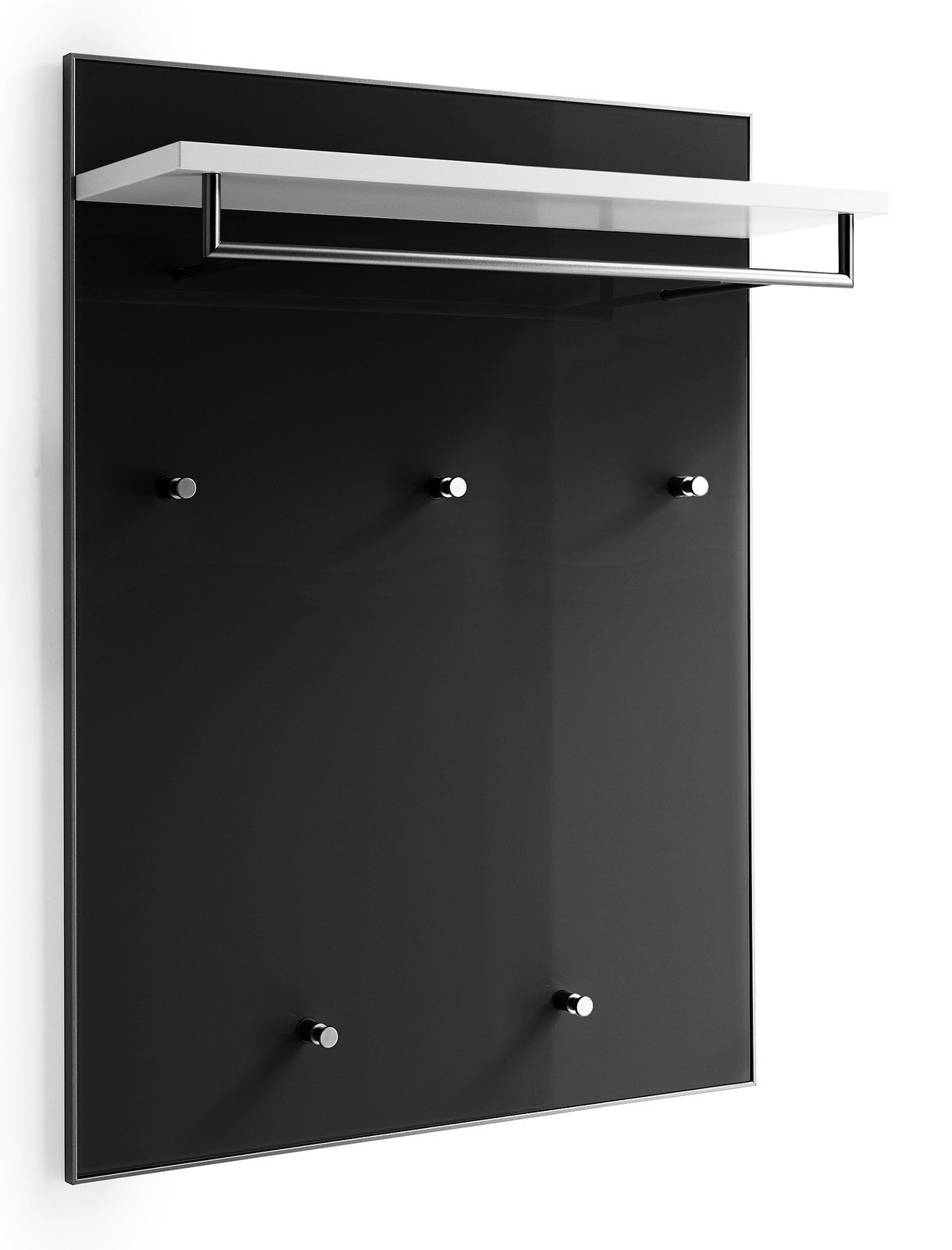 VOSS Garderobenpaneel SANTINA Modernes Garderobenpaneel mit schwarzer Rückwand, fünf Haken und einem weißen Regalbrett, seitliche Perspektive.