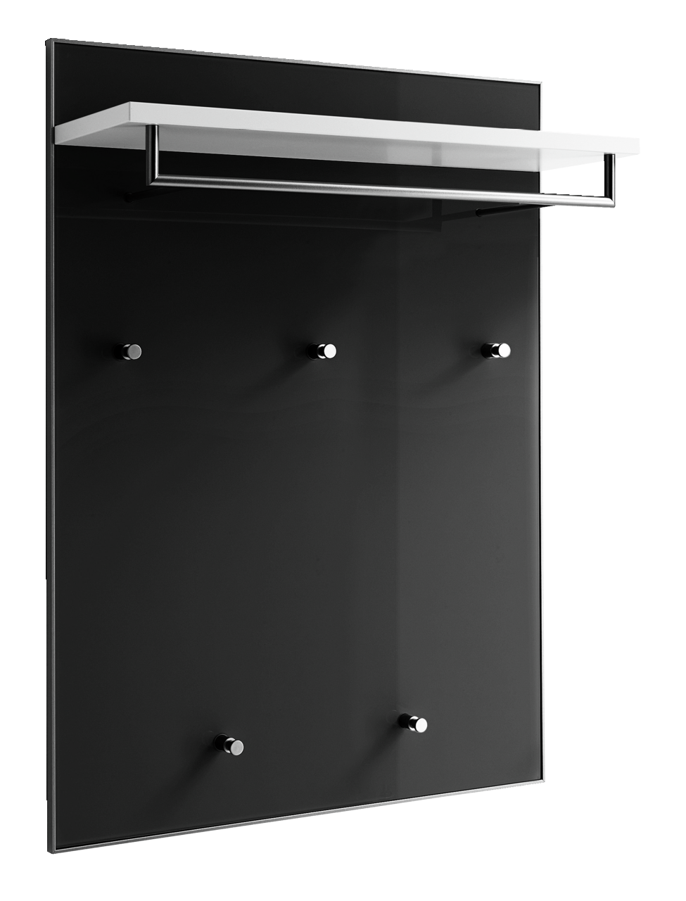 VOSS Garderobenpaneel SANTINA Modernes Garderobenpaneel mit schwarzer Rückwand, fünf Haken und einem weißen Regalbrett, seitliche Perspektive.