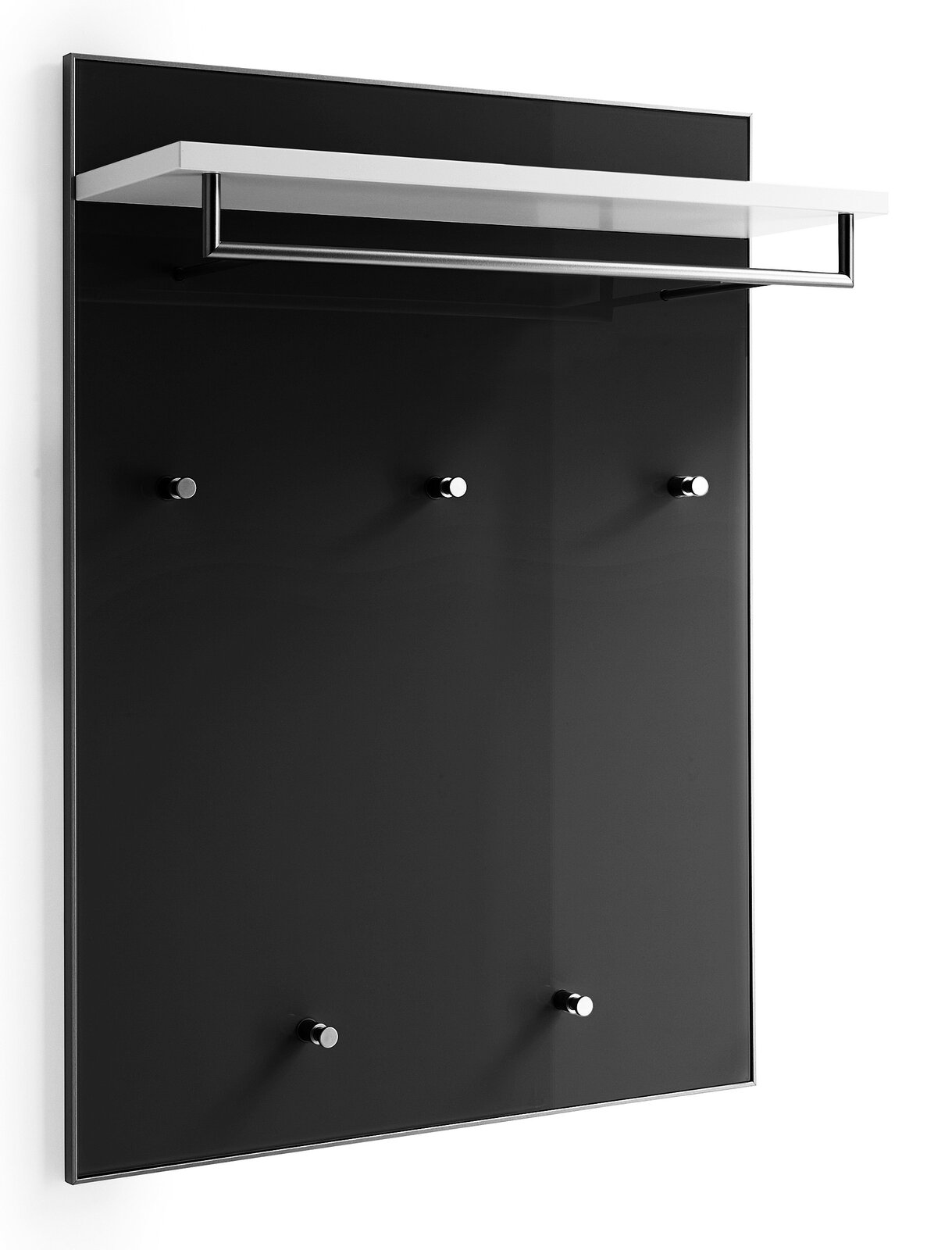 VOSS Garderobenpaneel SANTINA Modernes Garderobenpaneel mit schwarzer Rückwand, fünf Haken und einem weißen Regalbrett, seitliche Perspektive.