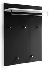 Modernes Garderobenpaneel mit schwarzer Rückwand, fünf Haken und einem weißen Regalbrett, seitliche Perspektive.