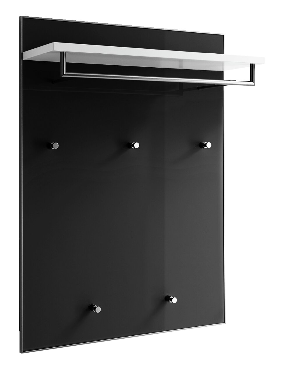 Modernes Garderobenpaneel mit schwarzer Rückwand, fünf Haken und einem weißen Regalbrett, seitliche Perspektive.