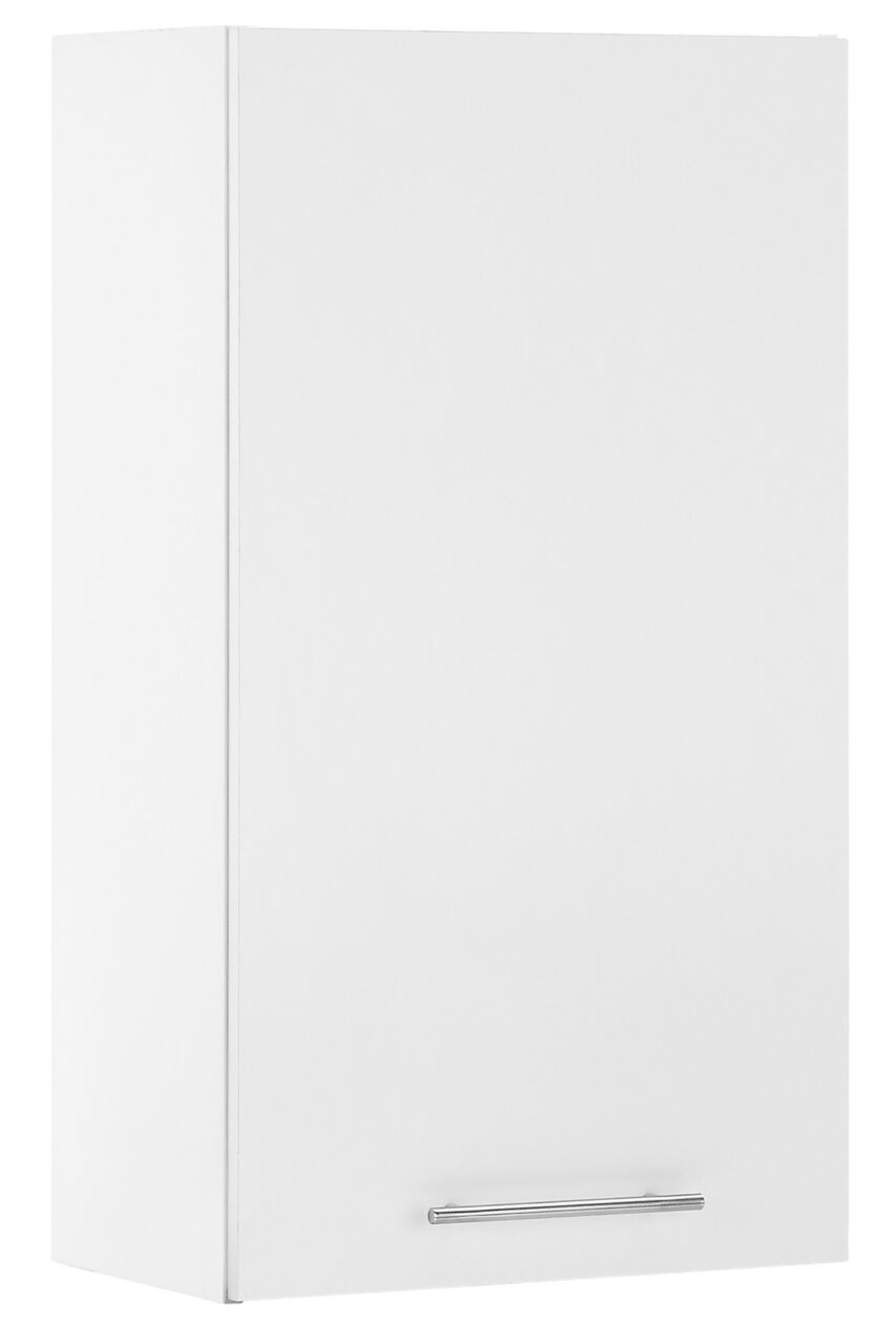 Weißer Hängeschrank mit Metallgriff, seitliche Perspektive