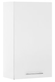 Weißer Hängeschrank mit Metallgriff, seitliche Perspektive