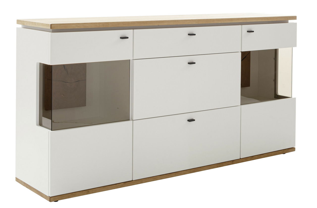 Weißes Sideboard mit Holzoberfläche und Glaseinsätzen, seitliche Perspektive
