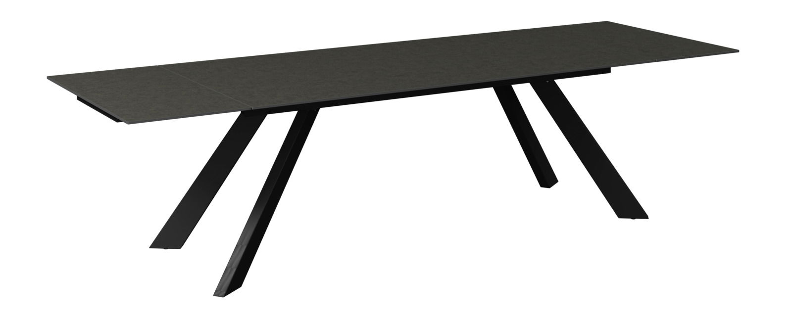 Moderner schwarzer Gartentisch mit schrägen Beinen, seitliche Perspektive