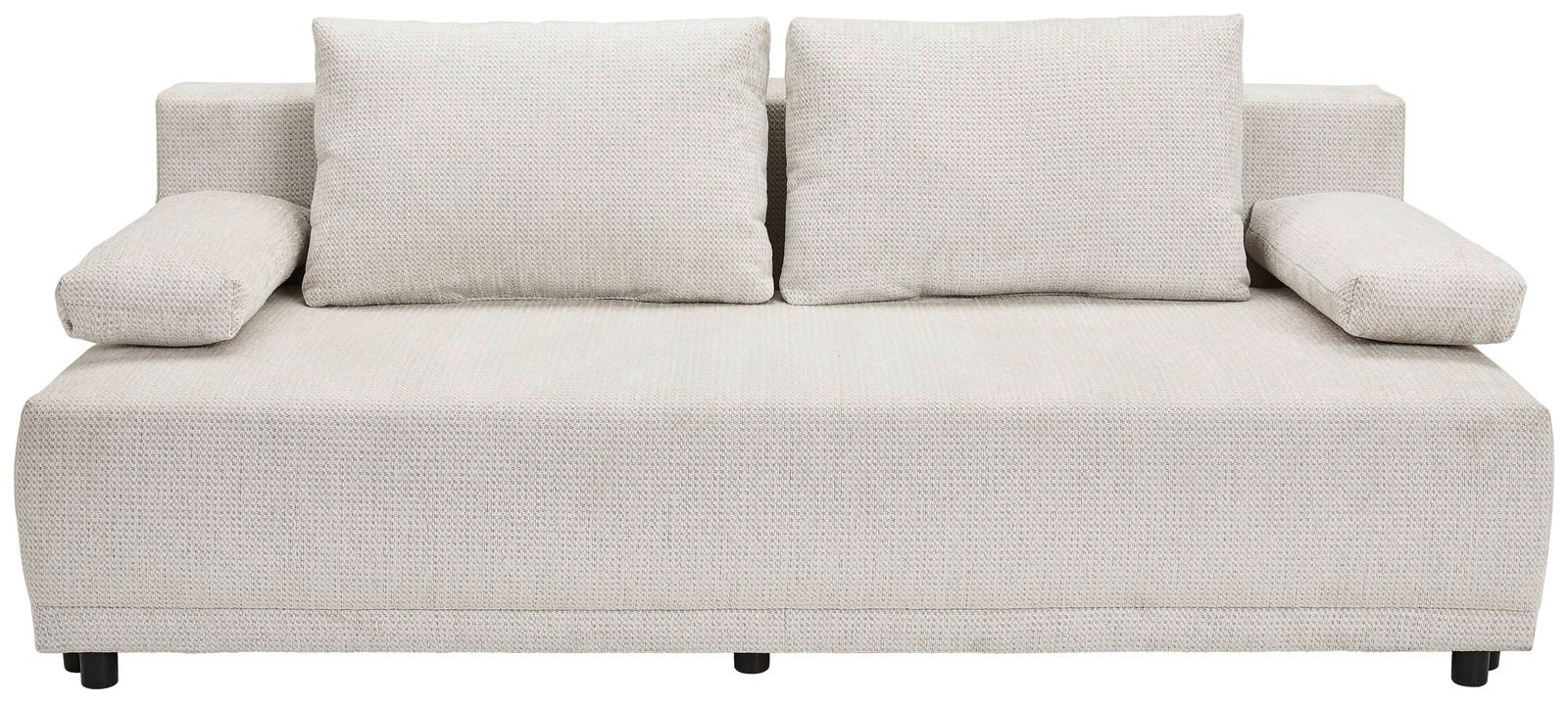 Beiges Funktionssofa mit zwei großen Rückenkissen und Armlehnen, Frontalansicht