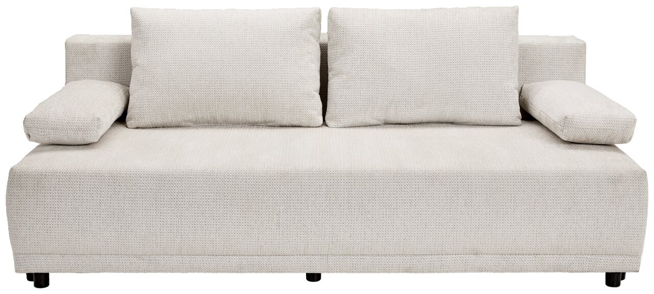 Beige functionele bank met twee grote rugkussens en armleuningen, vooraanzicht