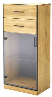 Vitrinenschrank aus Holz mit zwei Schubladen und einer Glastür, Perspektive von vorne links