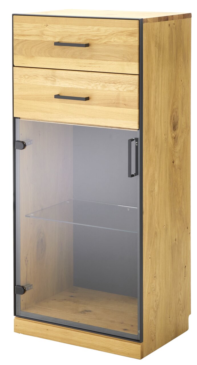 Vitrinenschrank aus Holz mit zwei Schubladen und einer Glastür, Perspektive von vorne links