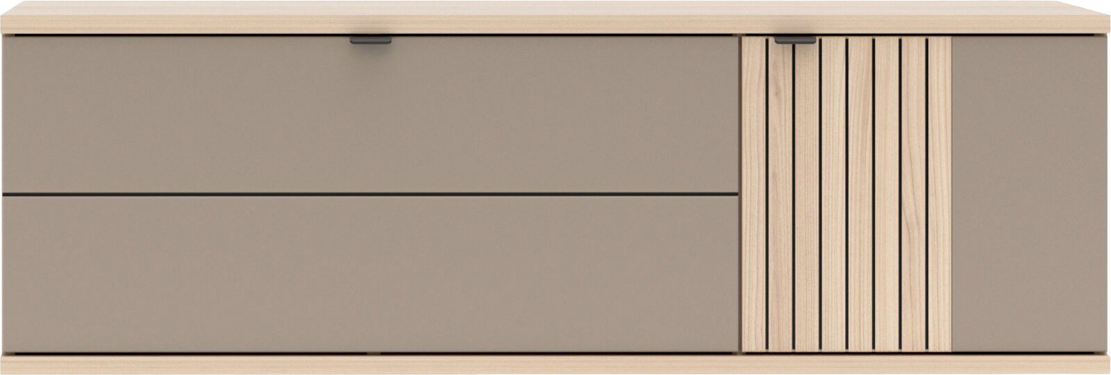 Modernes Sideboard in Beige mit Holzplatte, zwei Schubladen links und geriffelter Holz-Schiebetür in der Mitte, Frontansicht.