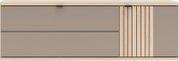 Modernes Sideboard in Beige mit Holzplatte, zwei Schubladen links und geriffelter Holz-Schiebetür in der Mitte, Frontansicht.