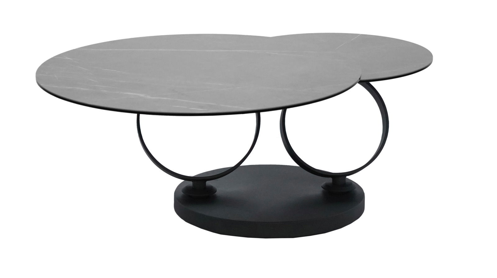 Moderner Couchtisch mit zwei runden, überlappenden Tischplatten und elegantem Metallgestell, seitliche Perspektive