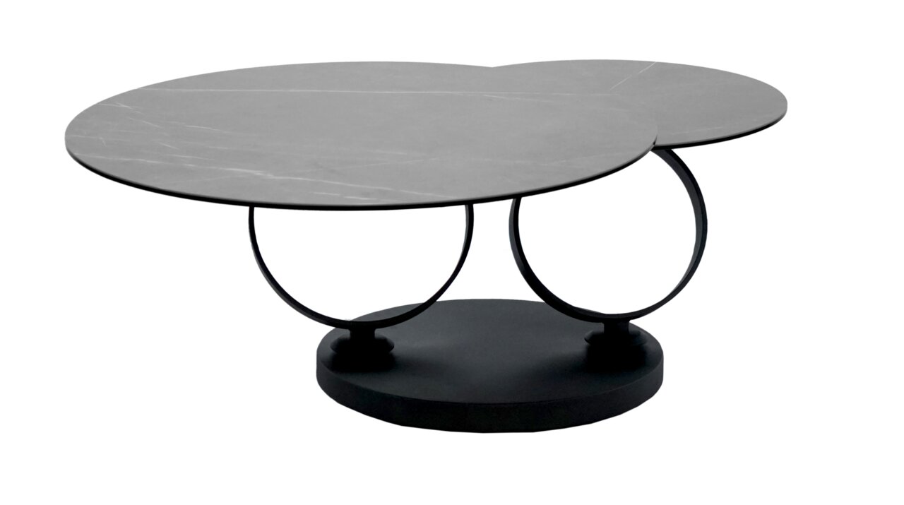 Moderner Couchtisch mit zwei runden, überlappenden Tischplatten und elegantem Metallgestell, seitliche Perspektive