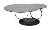 Moderner Couchtisch mit zwei runden, überlappenden Tischplatten und elegantem Metallgestell, seitliche Perspektive