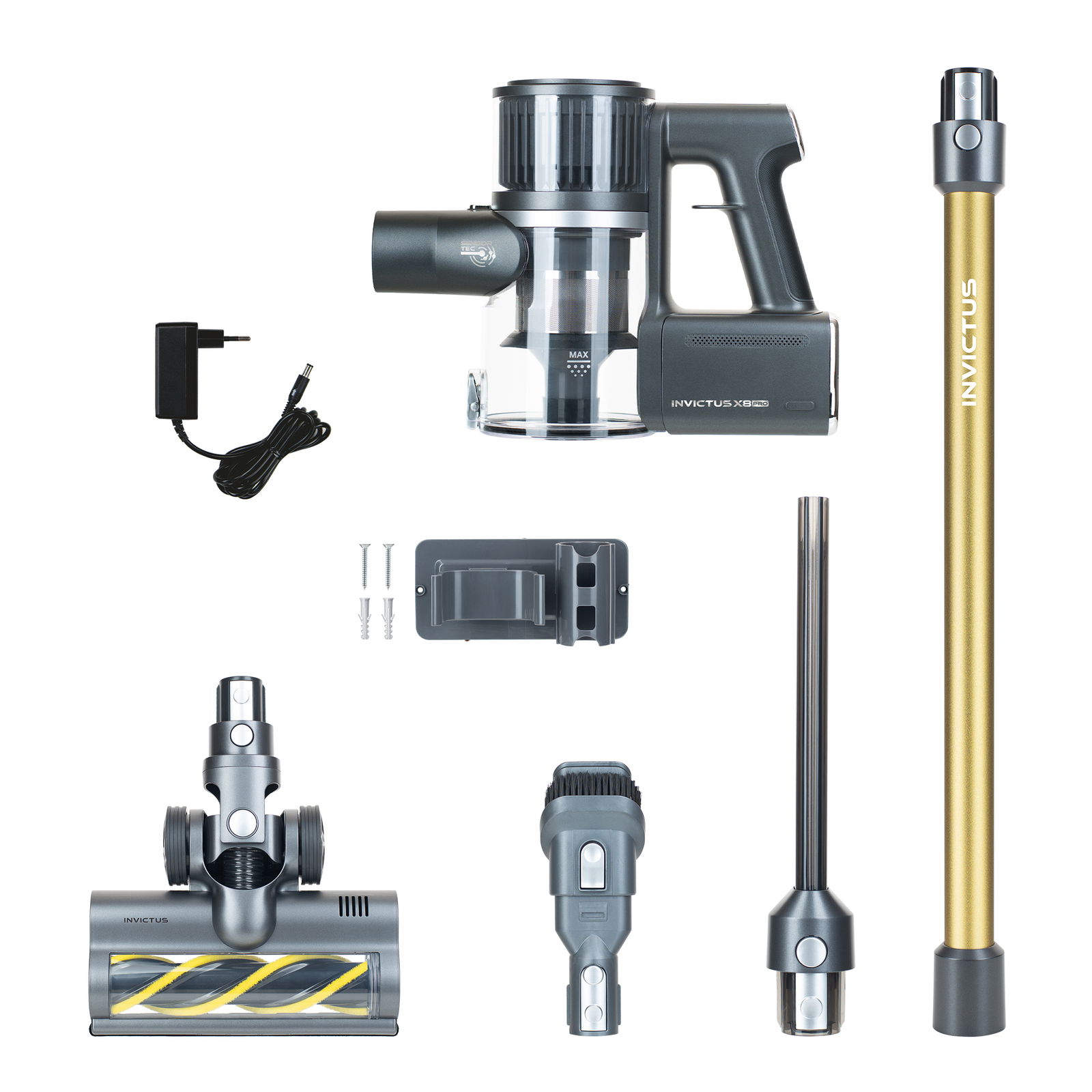 Invictus X8 Pro Staubsauger Set, 12-teilig, aus der Vogelperspektive mit verschiedenen Aufsätzen und Zubehör.