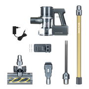 Invictus X8 Pro Staubsauger Set, 12-teilig, aus der Vogelperspektive mit verschiedenen Aufsätzen und Zubehör.