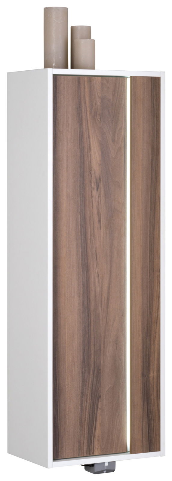 Moderner Midischrank mit Holzoptik und weißen Seiten, frontal abgebildet, mit dekorativen Kerzen auf der Oberseite.