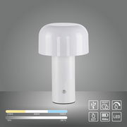 Weiße Akku-Tischleuchte AGNES in Frontalansicht mit runder Kuppel und zylindrischem Sockel, umgeben von Symbolen für USB, CCT, Akku und LED.