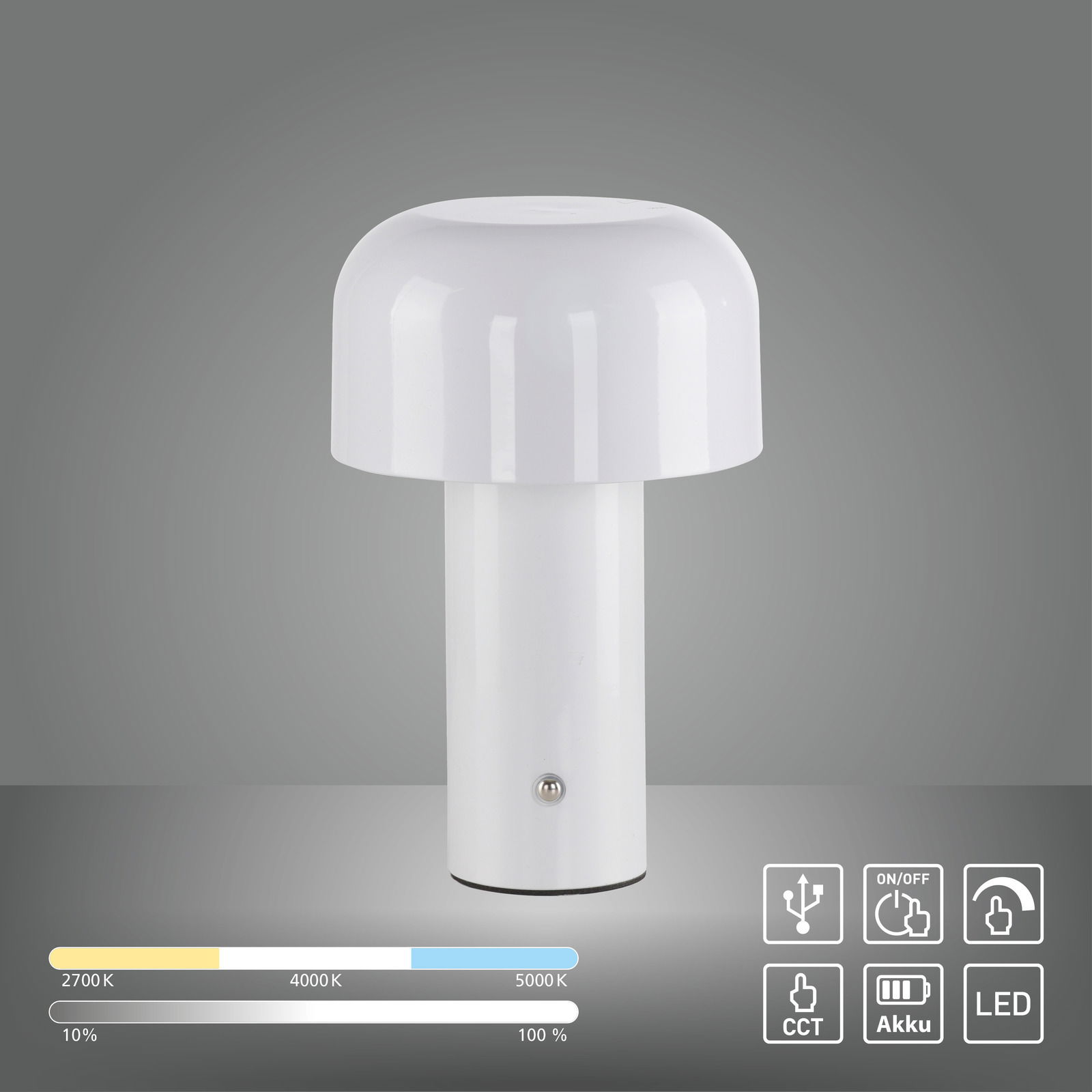 Weiße Akku-Tischleuchte AGNES in Frontalansicht mit runder Kuppel und zylindrischem Sockel, umgeben von Symbolen für USB, CCT, Akku und LED.