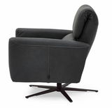 Seitenansicht eines modernen, dunkelgrauen Relaxsessels mit drehbarem Fuß.